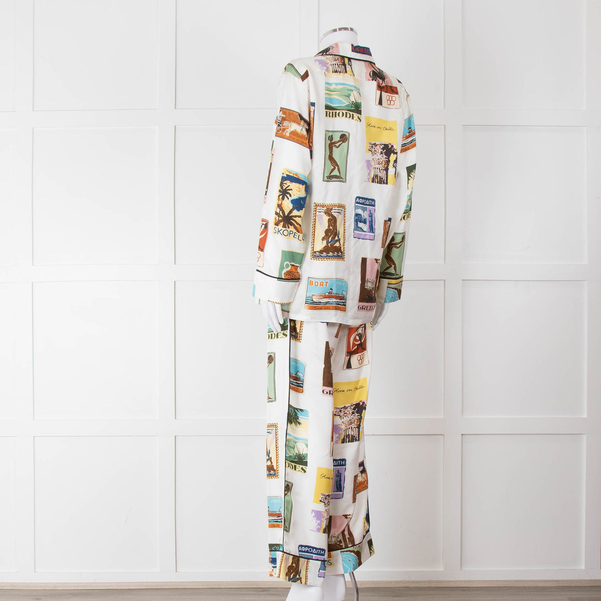 Olivia Von Halle Cream City Stamp Print Silk Pyjama Set
