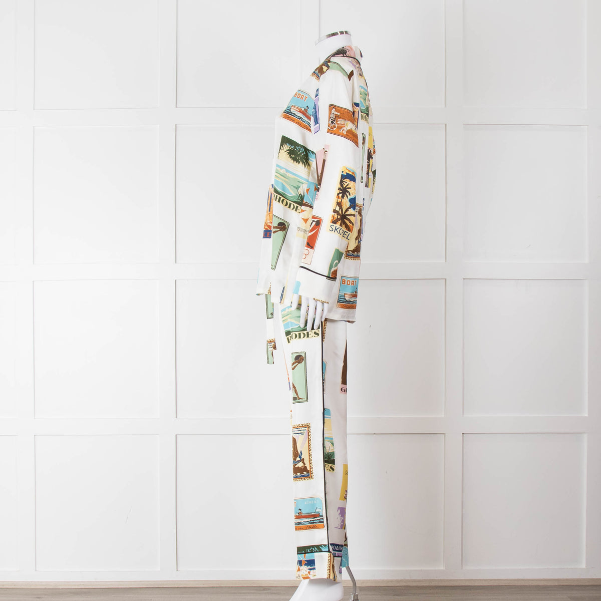 Olivia Von Halle Cream City Stamp Print Silk Pyjama Set