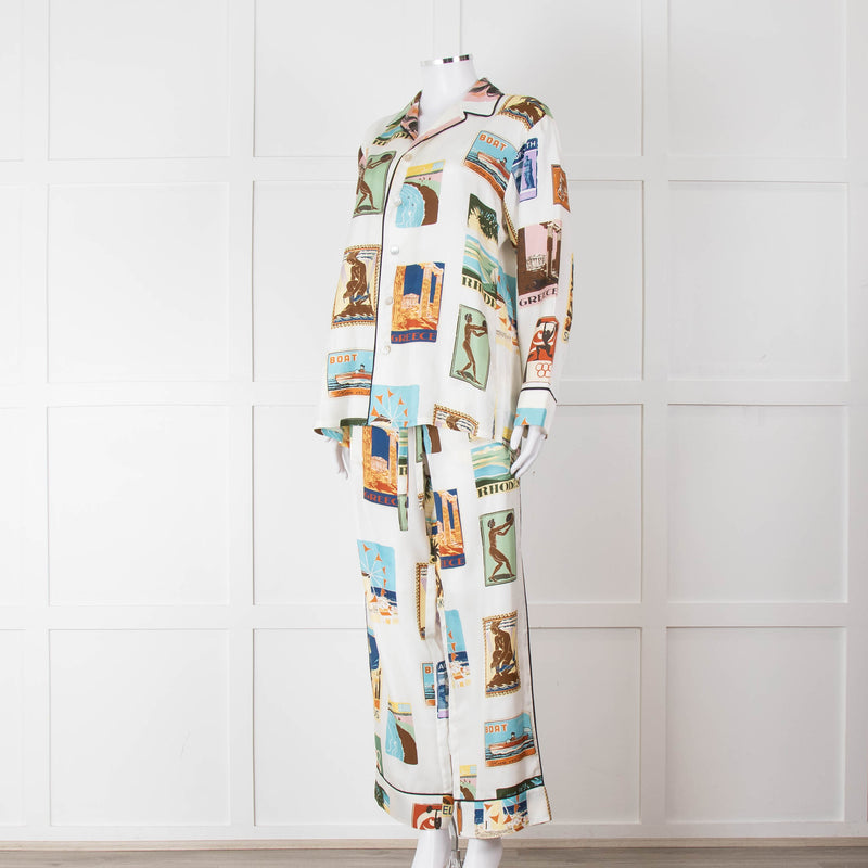 Olivia Von Halle Cream City Stamp Print Silk Pyjama Set