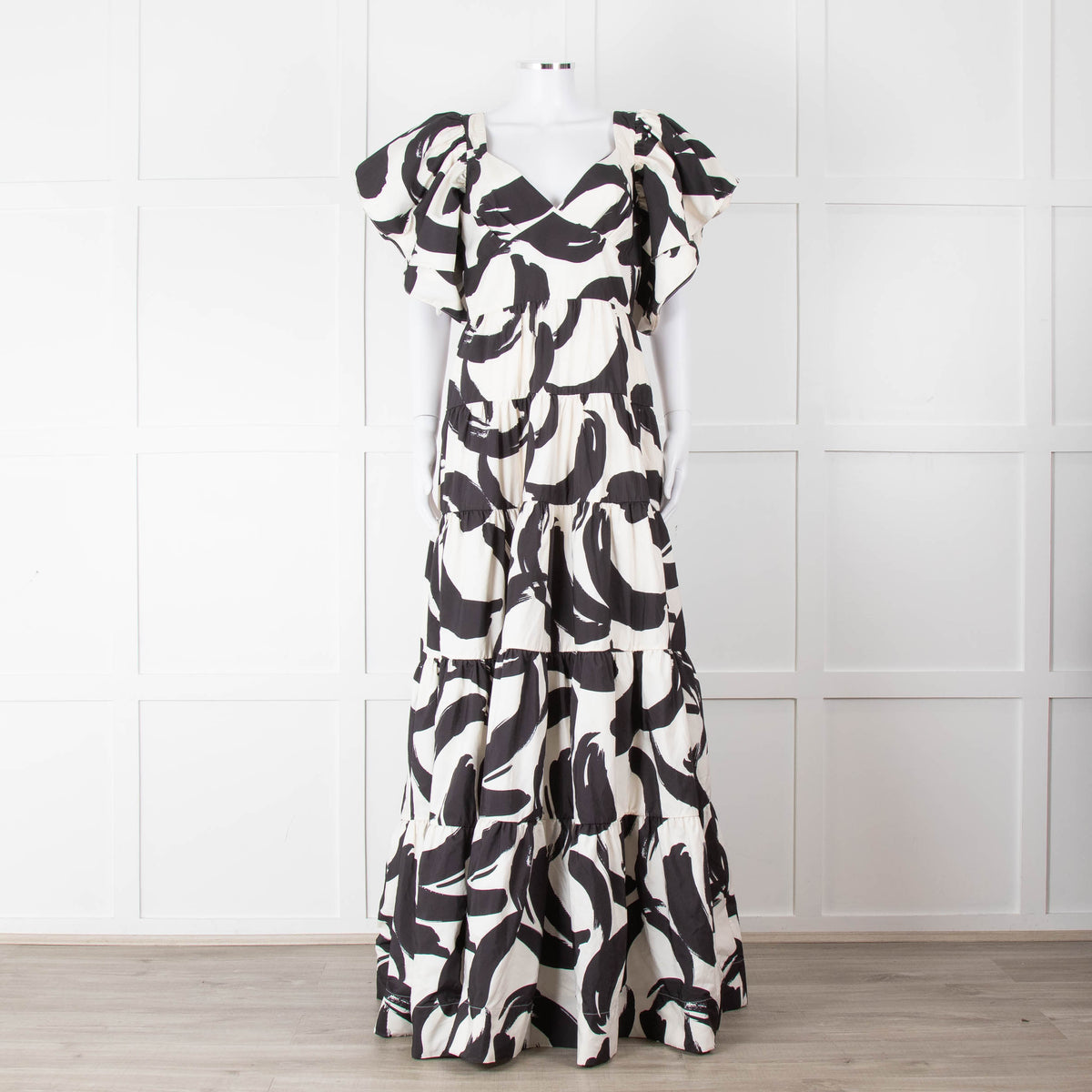 Rebecca Vallance Black and Cream Puff Sleeve Tiered Pompidou Dress