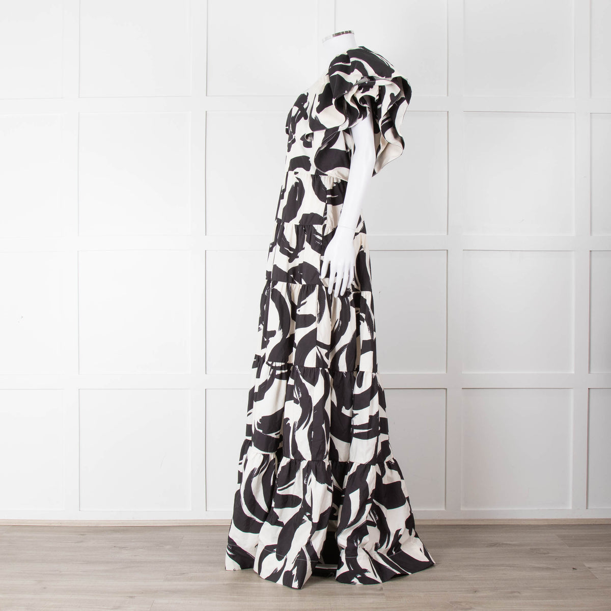 Rebecca Vallance Black and Cream Puff Sleeve Tiered Pompidou Dress