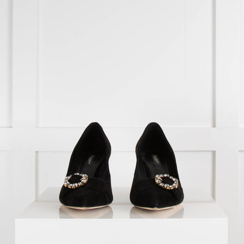 Dolce & Gabbana Black Suede Diamante Buckle Kitten Heel Shoes