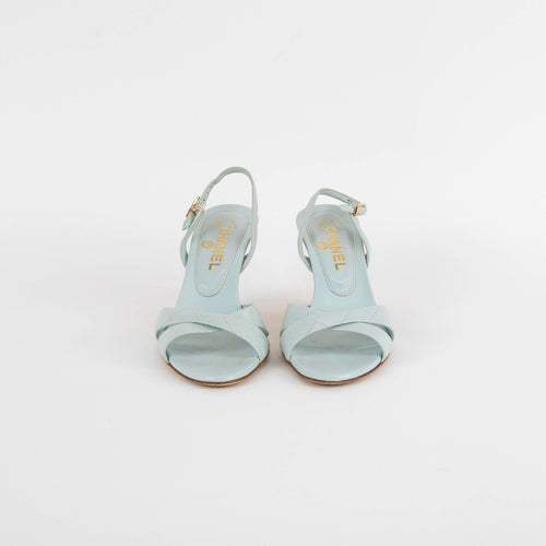 Chanel Pale Blue Quilted Cork Wedge Sandals