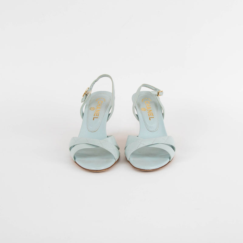 Chanel Pale Blue Quilted Cork Wedge Sandals