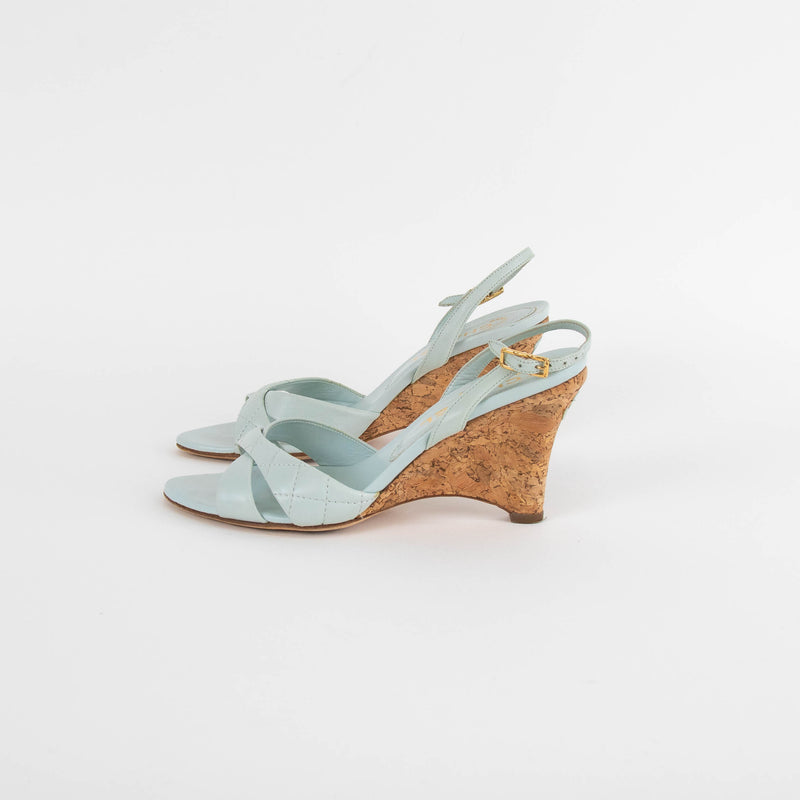 Chanel Pale Blue Quilted Cork Wedge Sandals