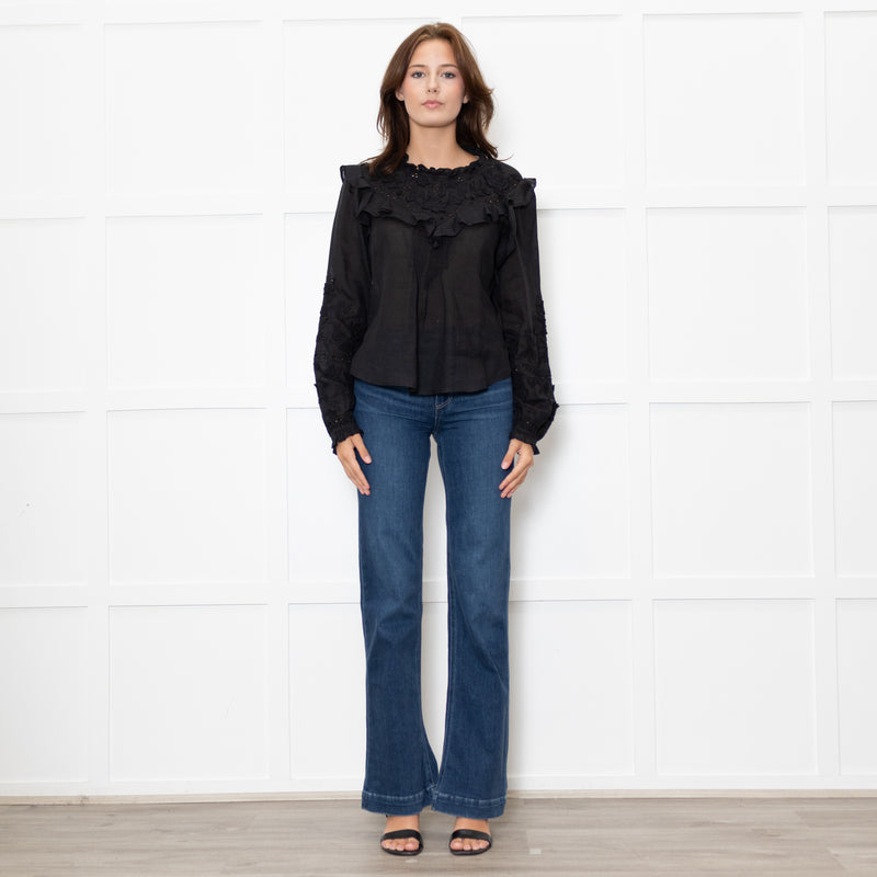 Veronica Beard Black Applique Ramie Blouse