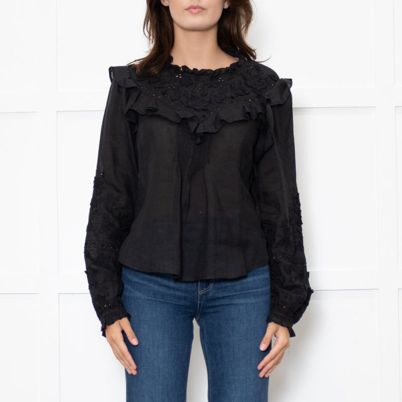 Veronica Beard Black Applique Ramie Blouse