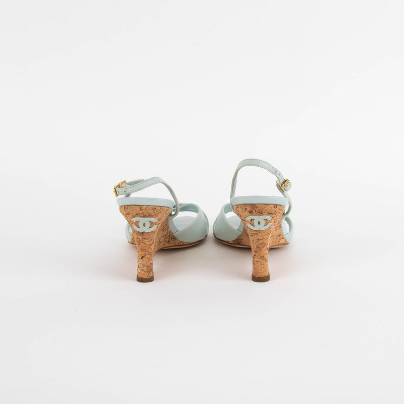 Chanel Pale Blue Quilted Cork Wedge Sandals