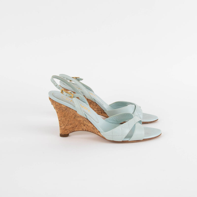 Chanel Pale Blue Quilted Cork Wedge Sandals