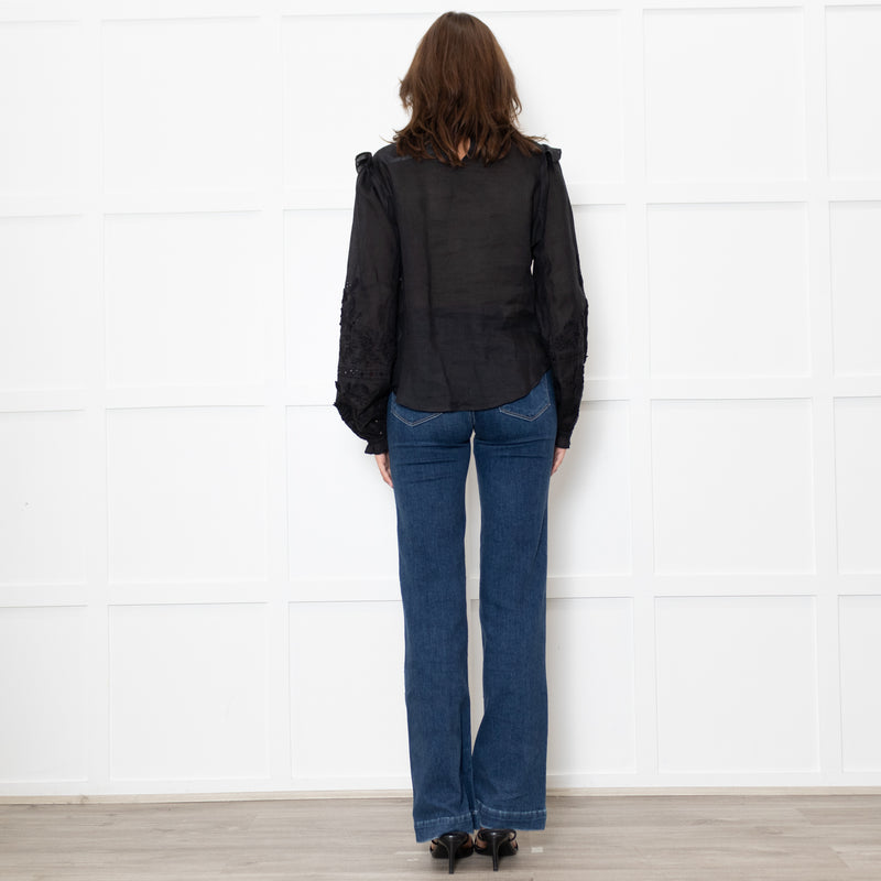 Veronica Beard Black Applique Ramie Blouse