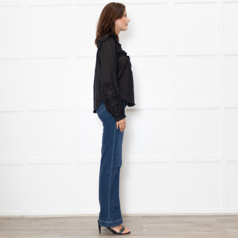 Veronica Beard Black Applique Ramie Blouse