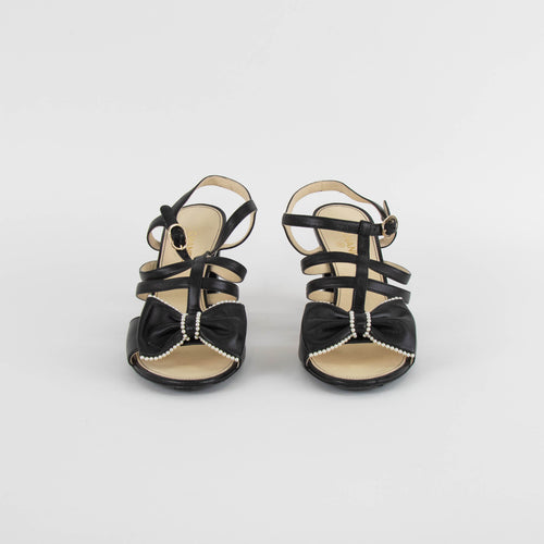 Chanel Black Faux Pearl Trim Bow Sandals