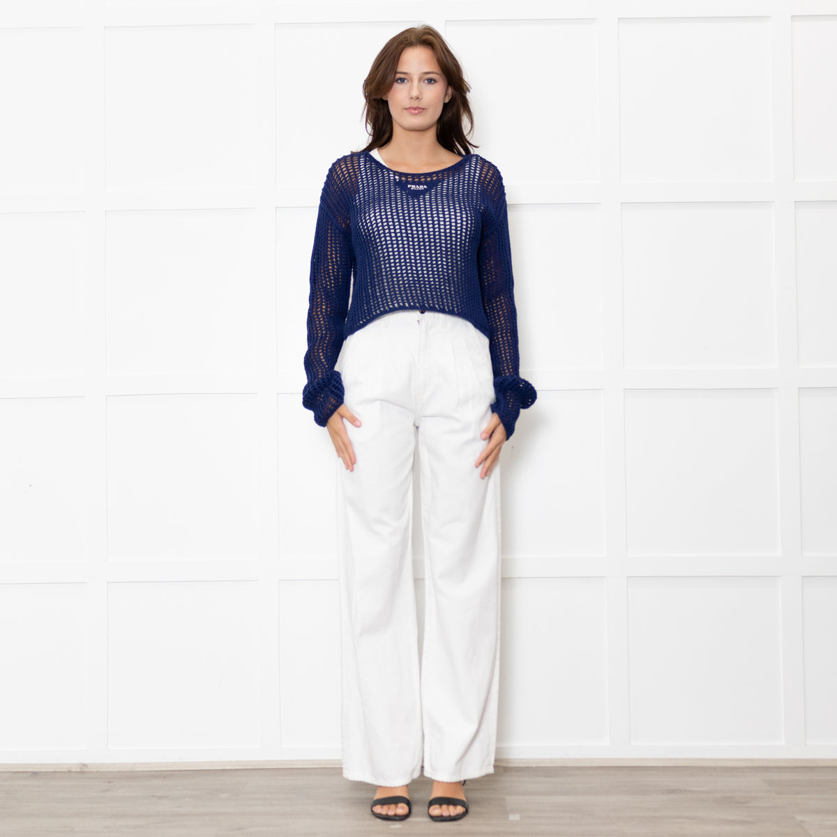 Prada Blue Crochet Knit Logo Long Sleeve Top