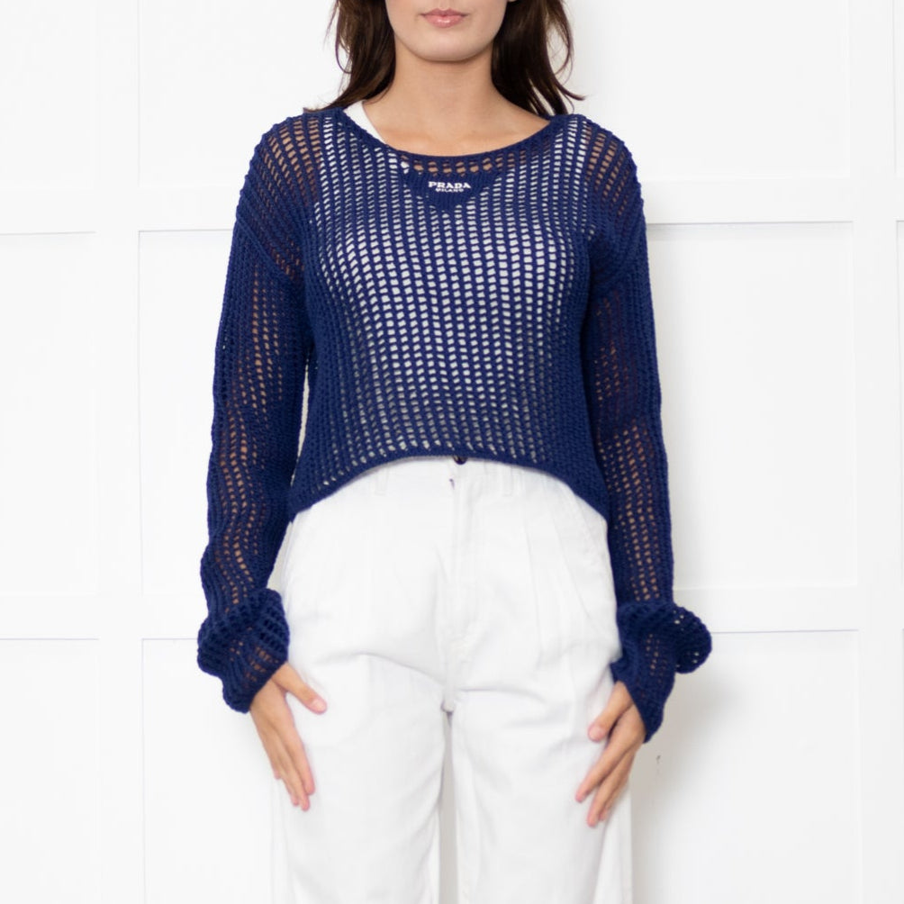 Prada Blue Crochet Knit Logo Long Sleeve Top