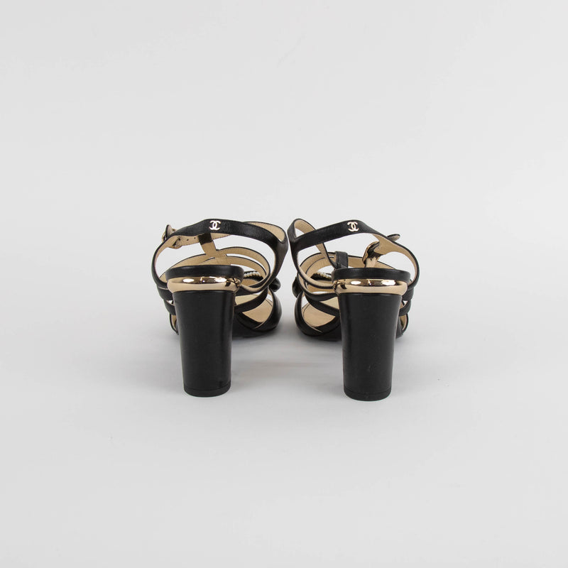 Chanel Black Faux Pearl Trim Bow Sandals