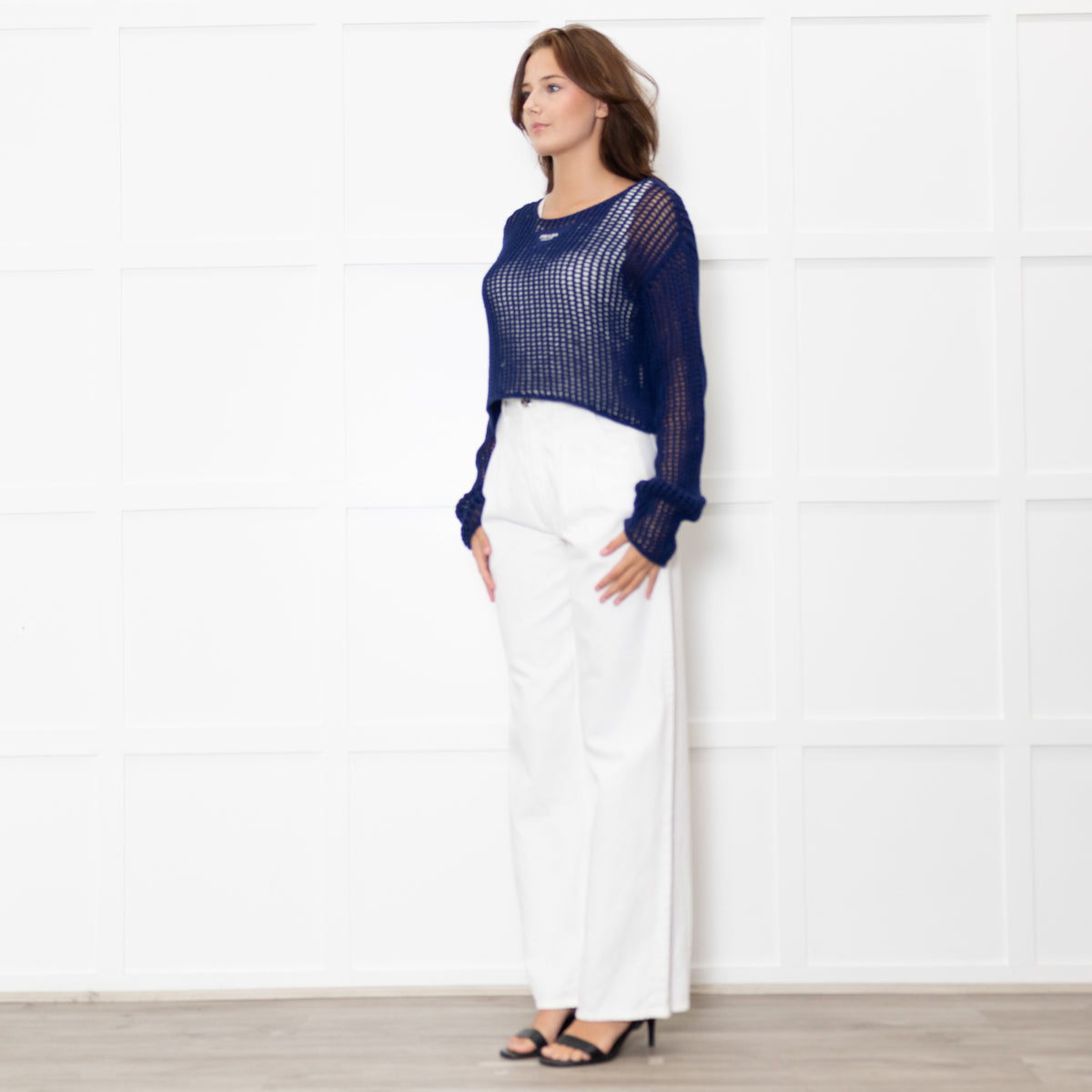 Prada Blue Crochet Knit Logo Long Sleeve Top