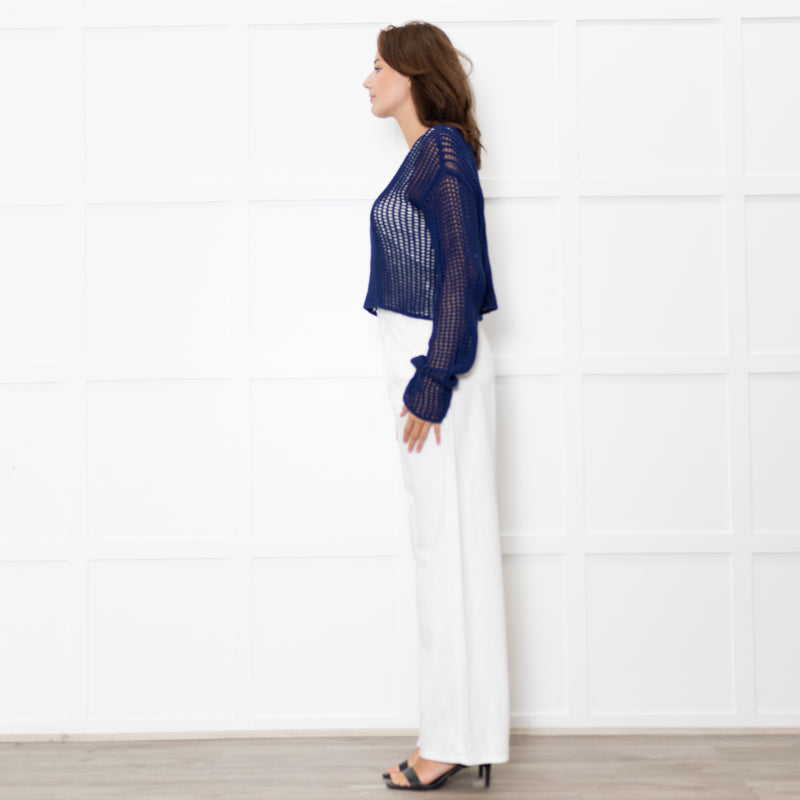 Prada Blue Crochet Knit Logo Long Sleeve Top