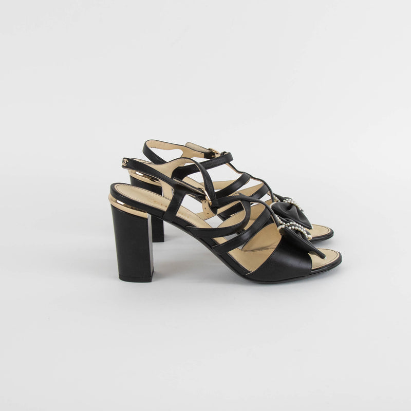 Chanel Black Faux Pearl Trim Bow Sandals