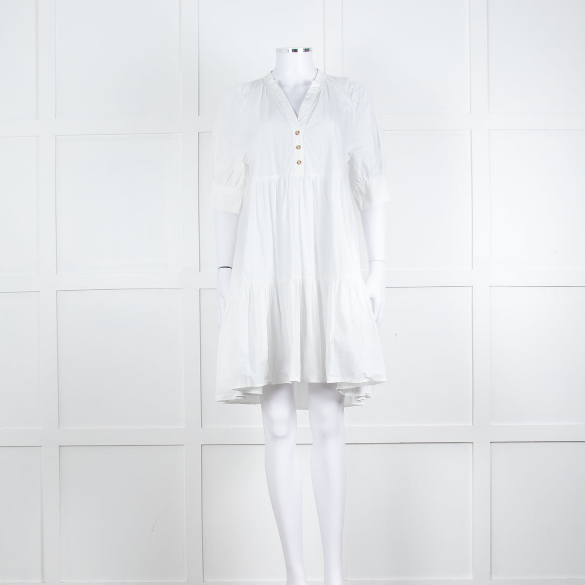 Ottod'Ame White Cotton Puff Sleeve Tiered Dress