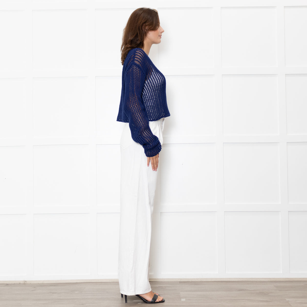 Prada Blue Crochet Knit Logo Long Sleeve Top