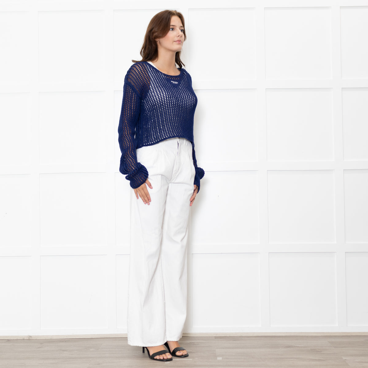 Prada Blue Crochet Knit Logo Long Sleeve Top