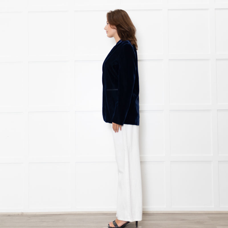 Me + Em Navy Velvet Straight Fit Blazer