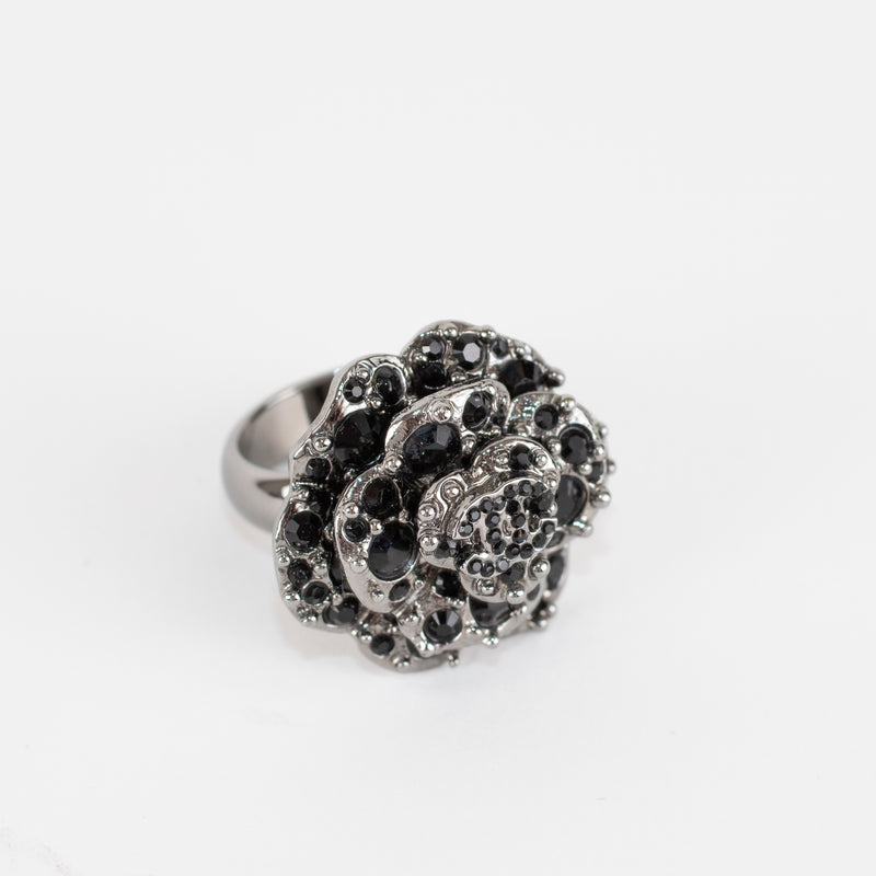 Chanel Black CC Rhinestone Metal Ruthenium Camelia Ring