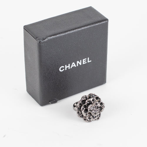 Chanel Black CC Rhinestone Metal Ruthenium Camelia Ring