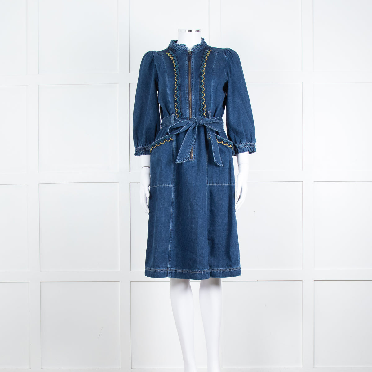 Wyse Dark Blue Denim Scallop Edge Detail Zip Front Dress