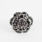 Chanel Black CC Rhinestone Metal Ruthenium Camelia Ring