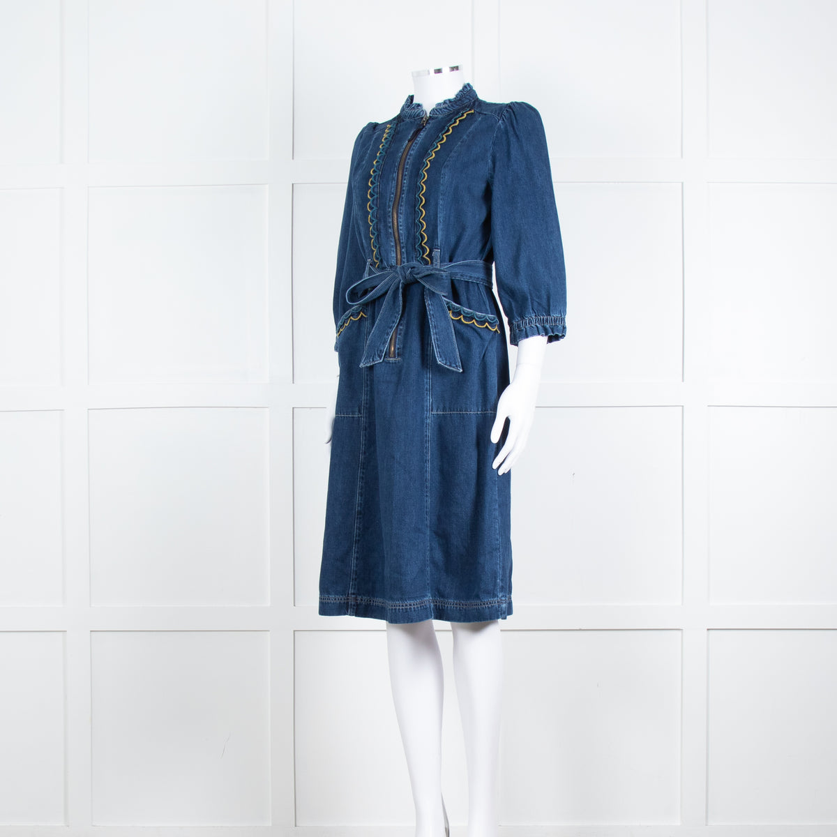 Wyse Dark Blue Denim Scallop Edge Detail Zip Front Dress