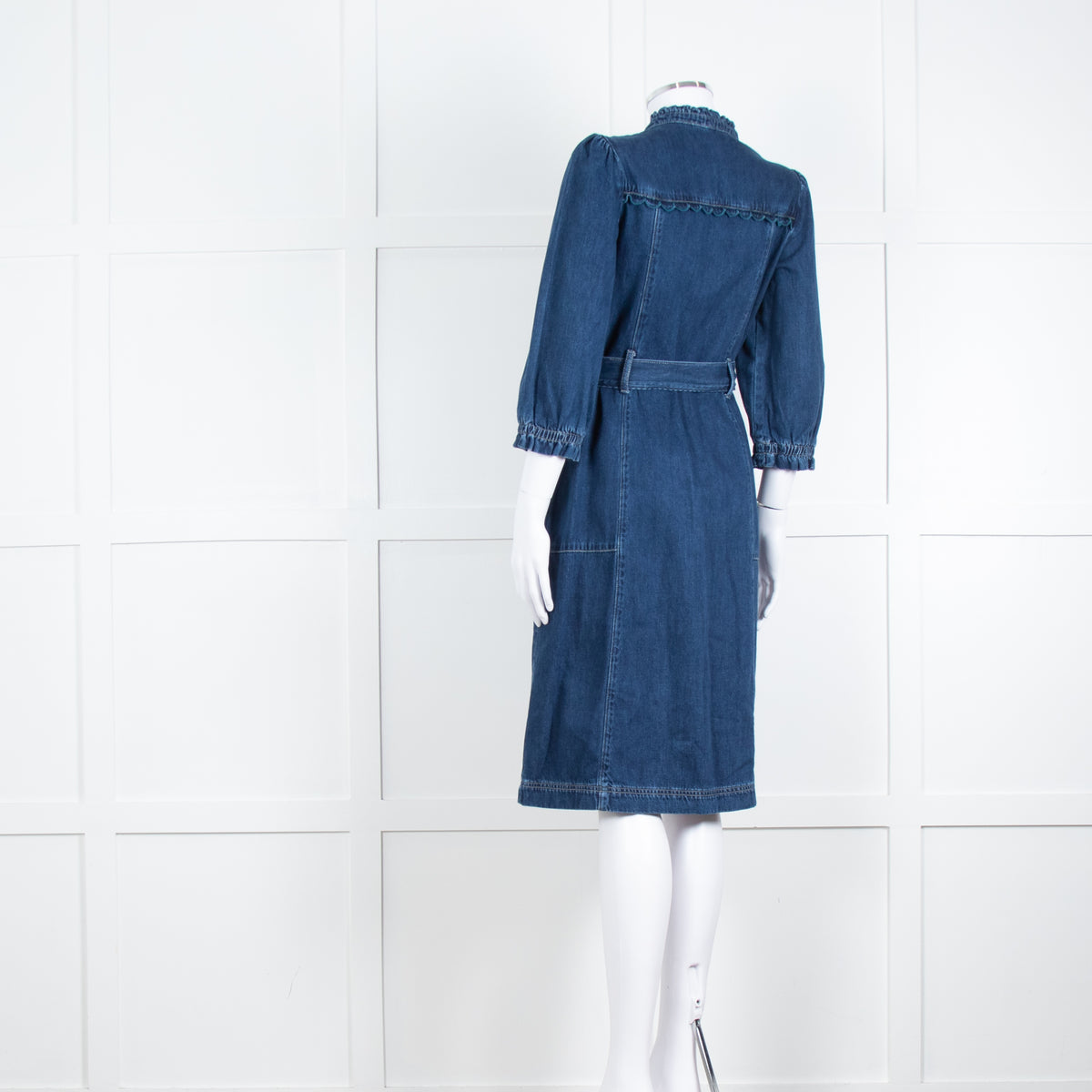 Wyse Dark Blue Denim Scallop Edge Detail Zip Front Dress