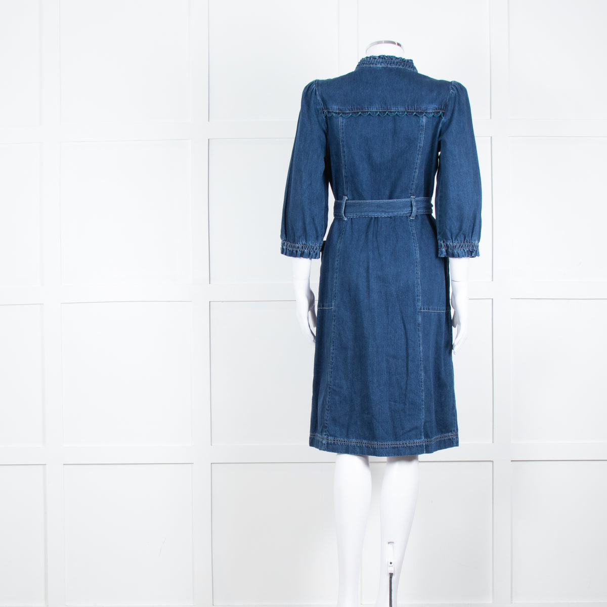 Wyse Dark Blue Denim Scallop Edge Detail Zip Front Dress