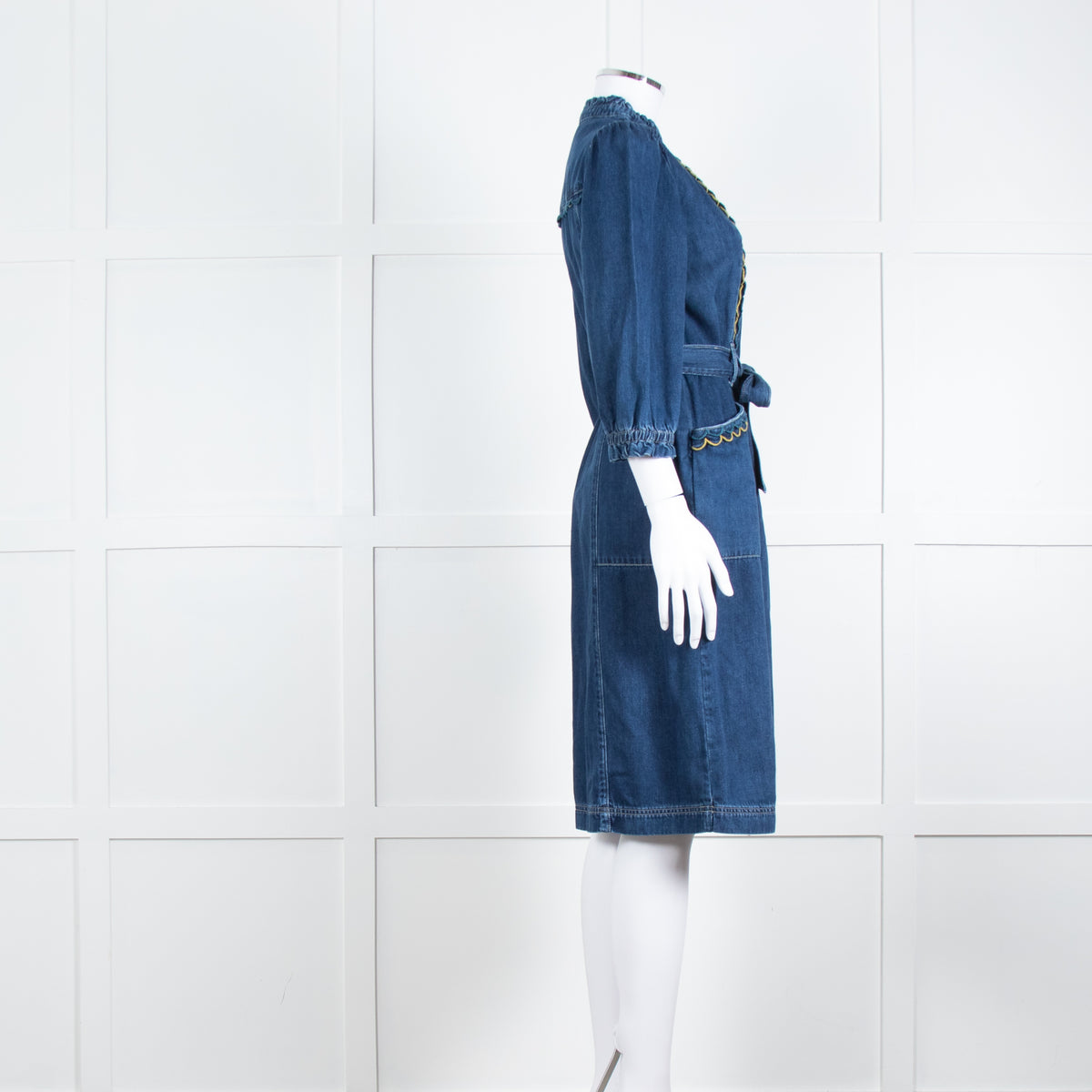 Wyse Dark Blue Denim Scallop Edge Detail Zip Front Dress