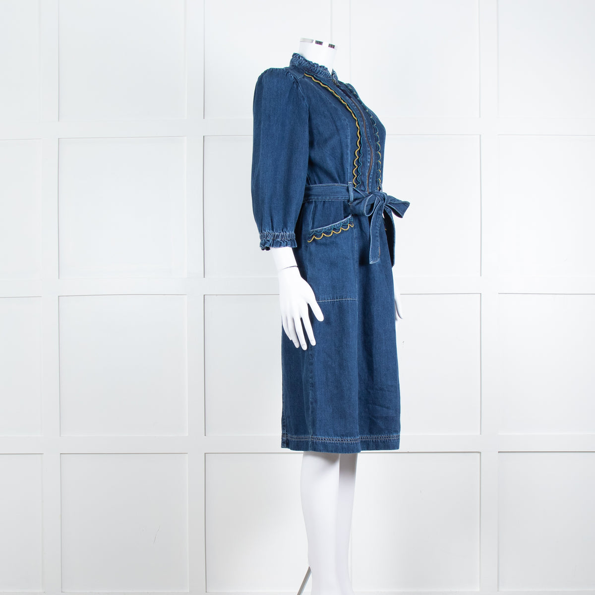 Wyse Dark Blue Denim Scallop Edge Detail Zip Front Dress