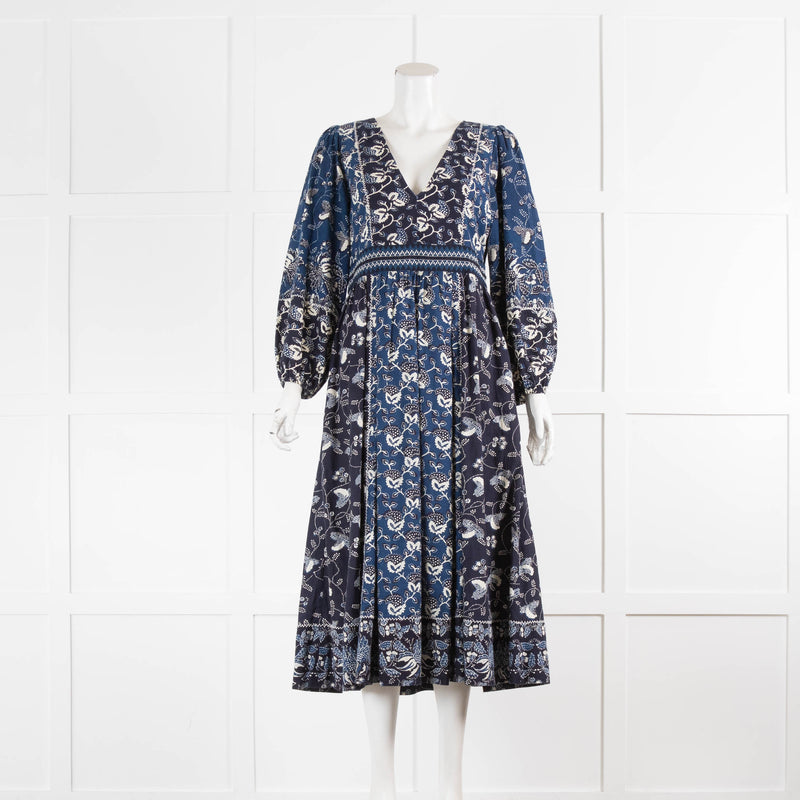 Ulla Johnson Navy Blue Cream Floral Cotton Mix Midi Dress