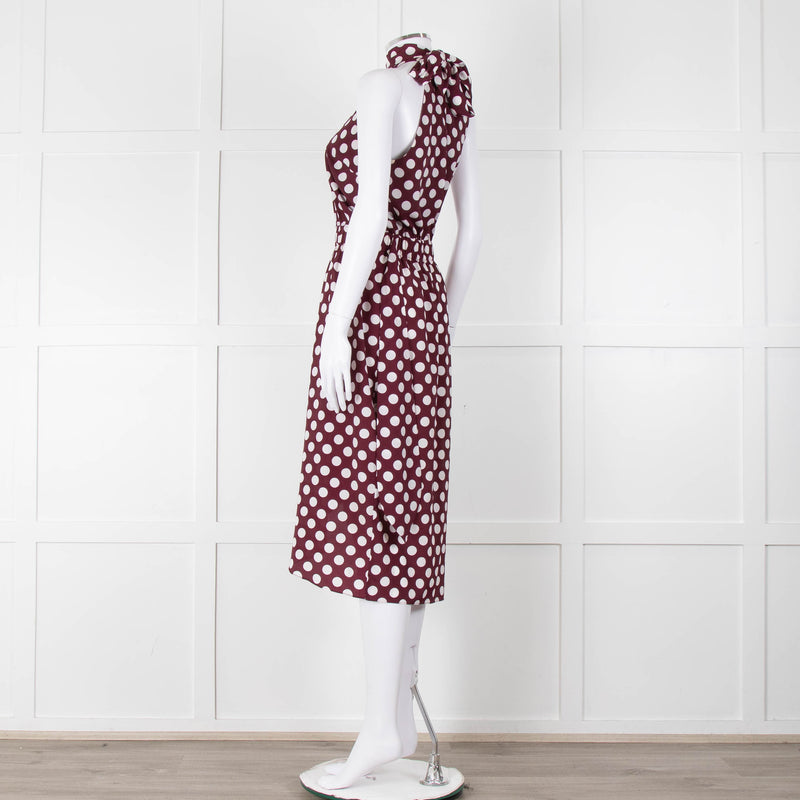 Kitri Brown White Polka Dot Sleeveless Wrap Over Dress