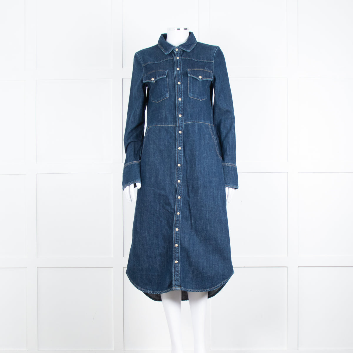 Wyse Dark Blue Denim Scallop Edge Detail Zip Front Dress