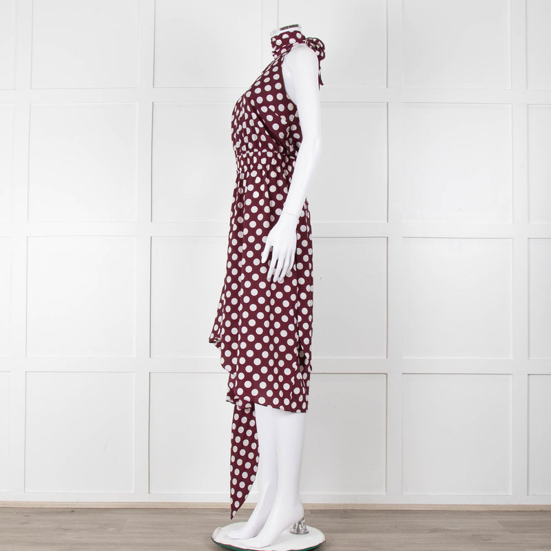 Kitri Brown White Polka Dot Sleeveless Wrap Over Dress