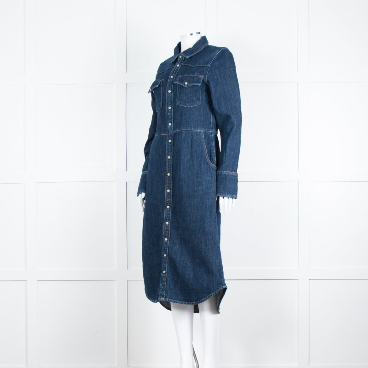 Wyse Dark Blue Denim Scallop Edge Detail Zip Front Dress