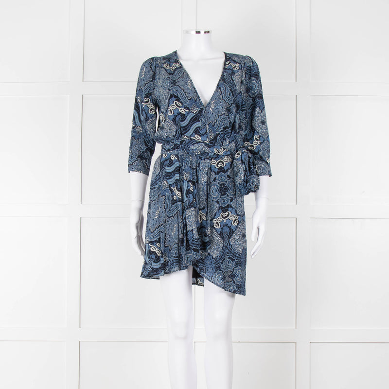 Berenice Navy Blue White Paisley Print Short Sleeve Wrap Mini Dress