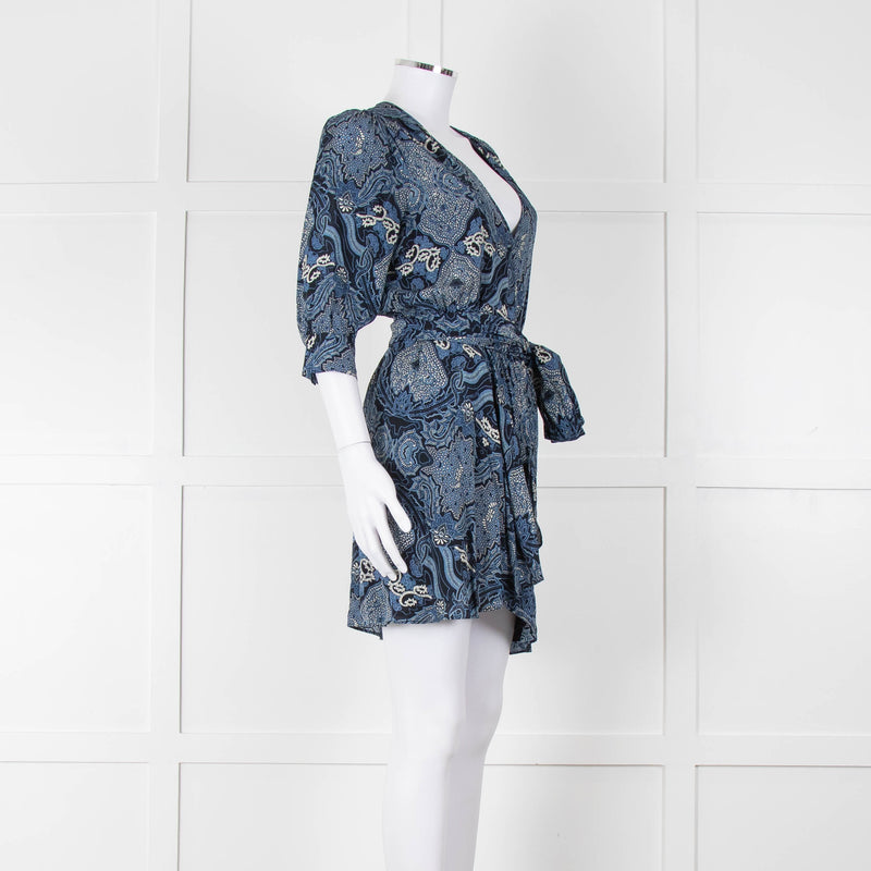 Berenice Navy Blue White Paisley Print Short Sleeve Wrap Mini Dress