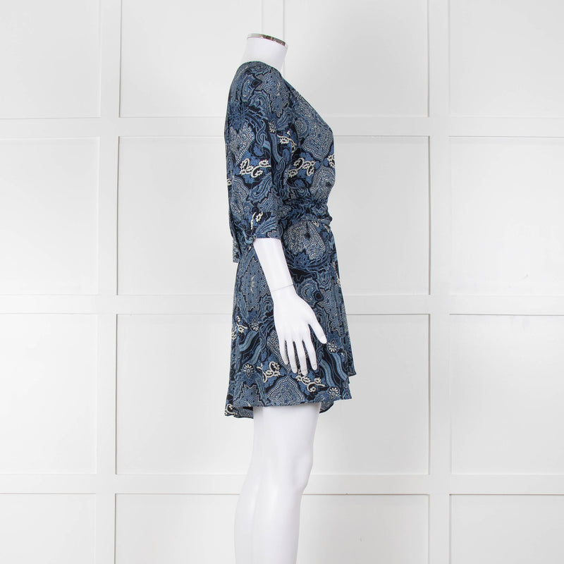 Berenice Navy Blue White Paisley Print Short Sleeve Wrap Mini Dress