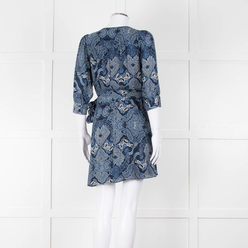 Berenice Navy Blue White Paisley Print Short Sleeve Wrap Mini Dress