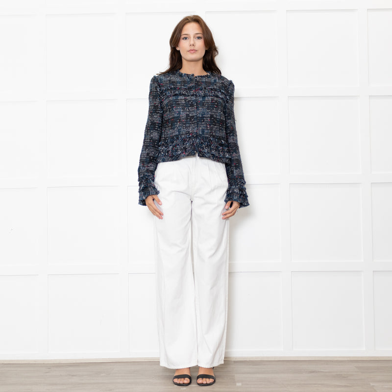 Diane Von Furstenberg Black Cream Blue Red Fleck Tweedy Jacket