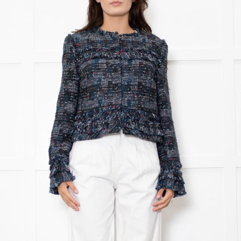 Diane Von Furstenberg Black Cream Blue Red Fleck Tweedy Jacket