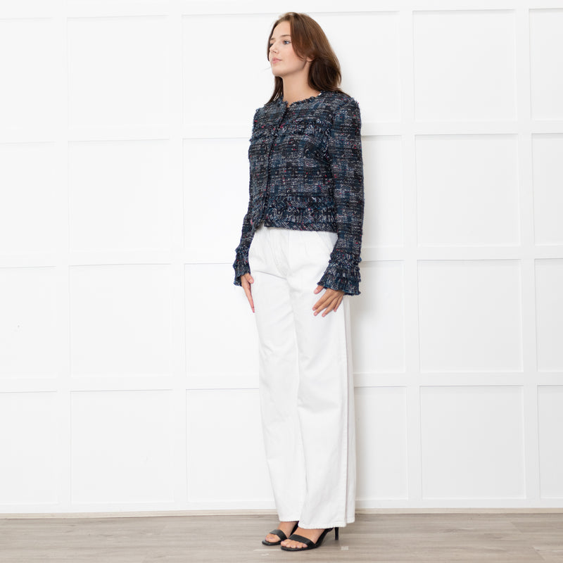 Diane Von Furstenberg Black Cream Blue Red Fleck Tweedy Jacket