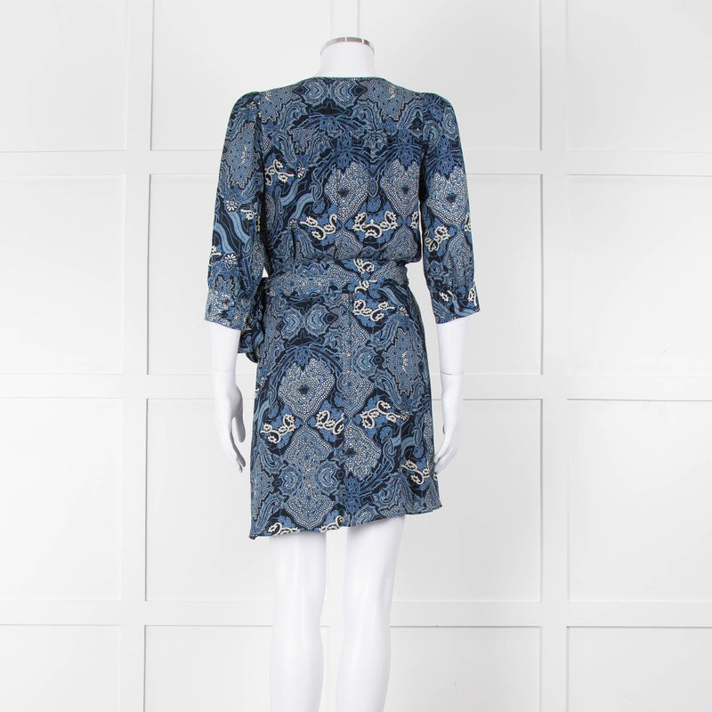 Berenice Navy Blue White Paisley Print Short Sleeve Wrap Mini Dress