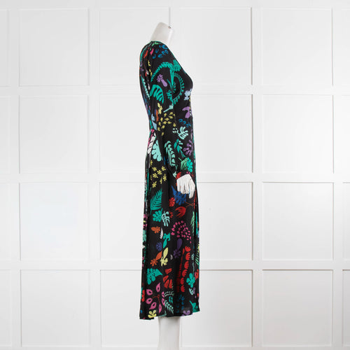 Rixo Black Multicoloured Print V Neck Side Slit Midi Silk Dress