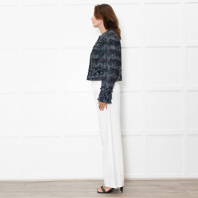 Diane Von Furstenberg Black Cream Blue Red Fleck Tweedy Jacket